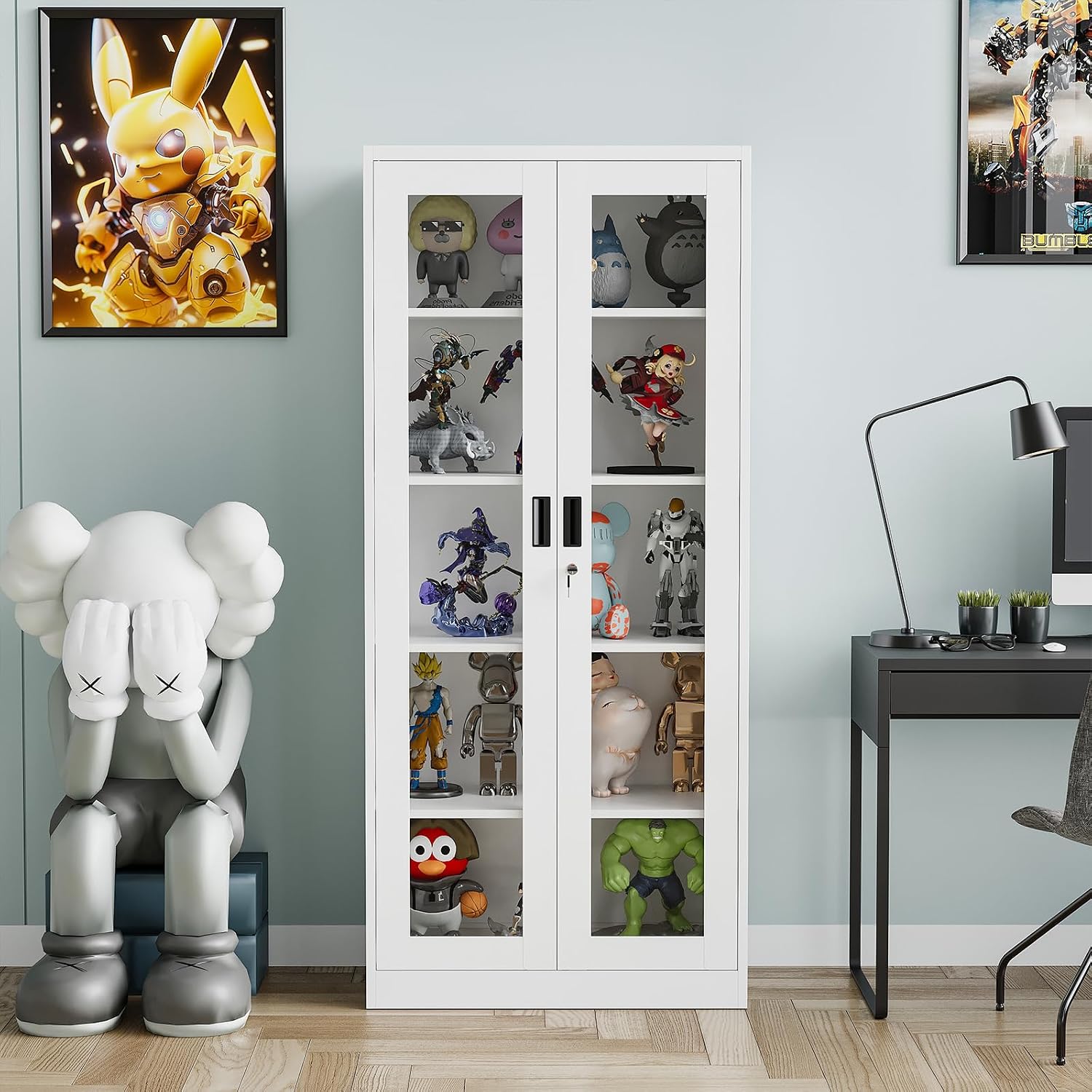 Glass Display Cabinet With Doors, 71' Curio Case for Collectibles, 4 Adjustable Shelves for Home Living Room (White)
