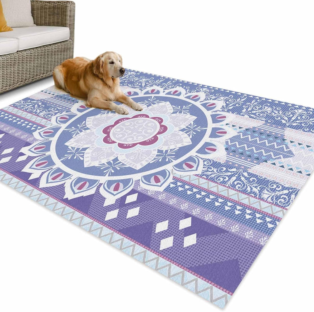Outdoor Rug 4x6ft Lavender Bohemia Flower Texture Patio Area Rugs Waterproof Easy Cleaning Non Shedding Thick Mats Geometric Carpet for Indoor Outdoor Porch Deck Backyard Balcony