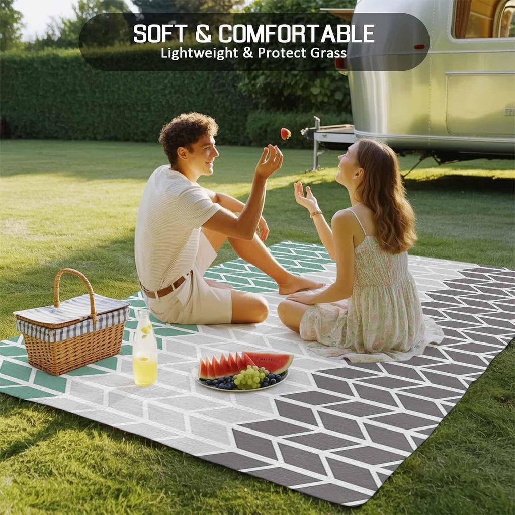 Outdoor Rug 4x6ft Grey Teal Stripe Buffalo Check Geometric Art Patio Area Rugs Waterproof Easy Cleaning Non Shedding Thick Mats Herringbone Carpet for Indoor Outdoor Porch Deck Backyard Balcony
