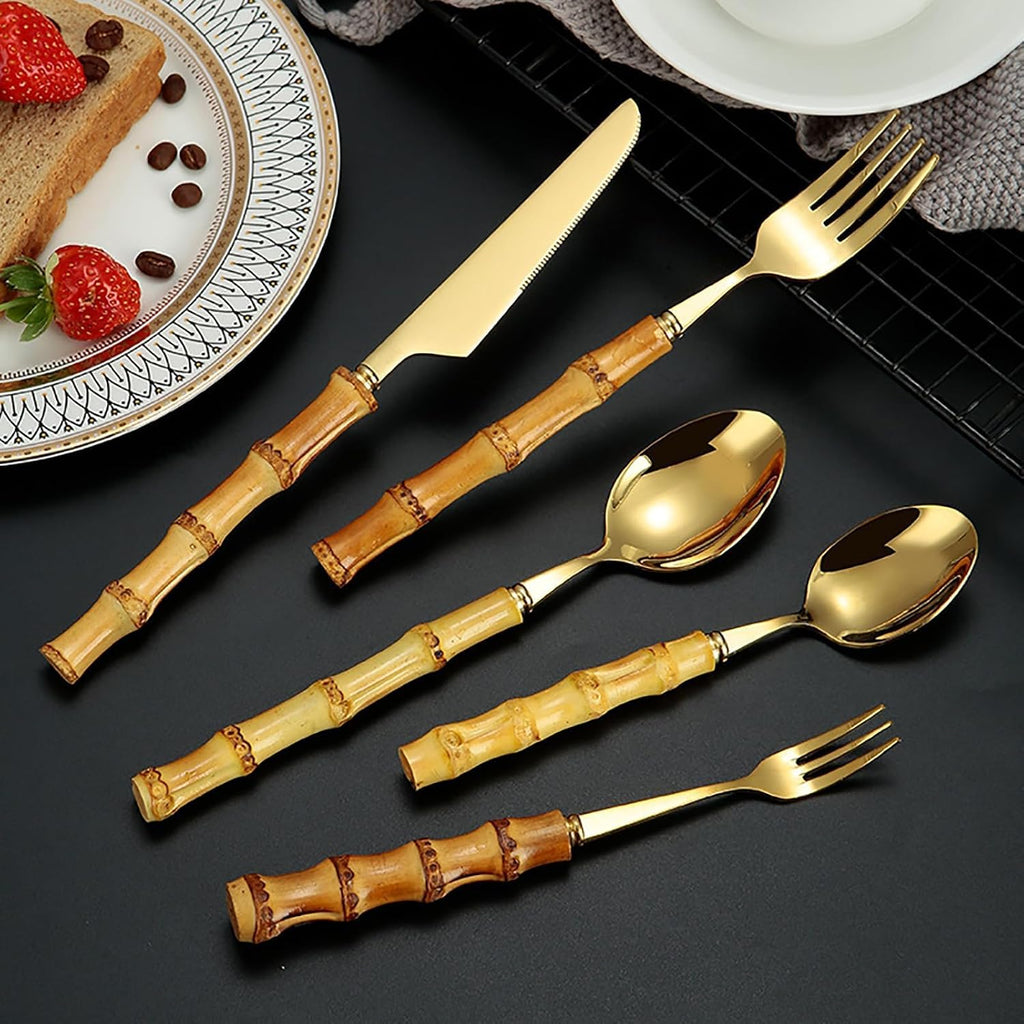 bamboo flatware sets, bamboo handle cutlery set, household kitchen utensil flatware sets for 4, recommend Hand Washing (20 pieces)