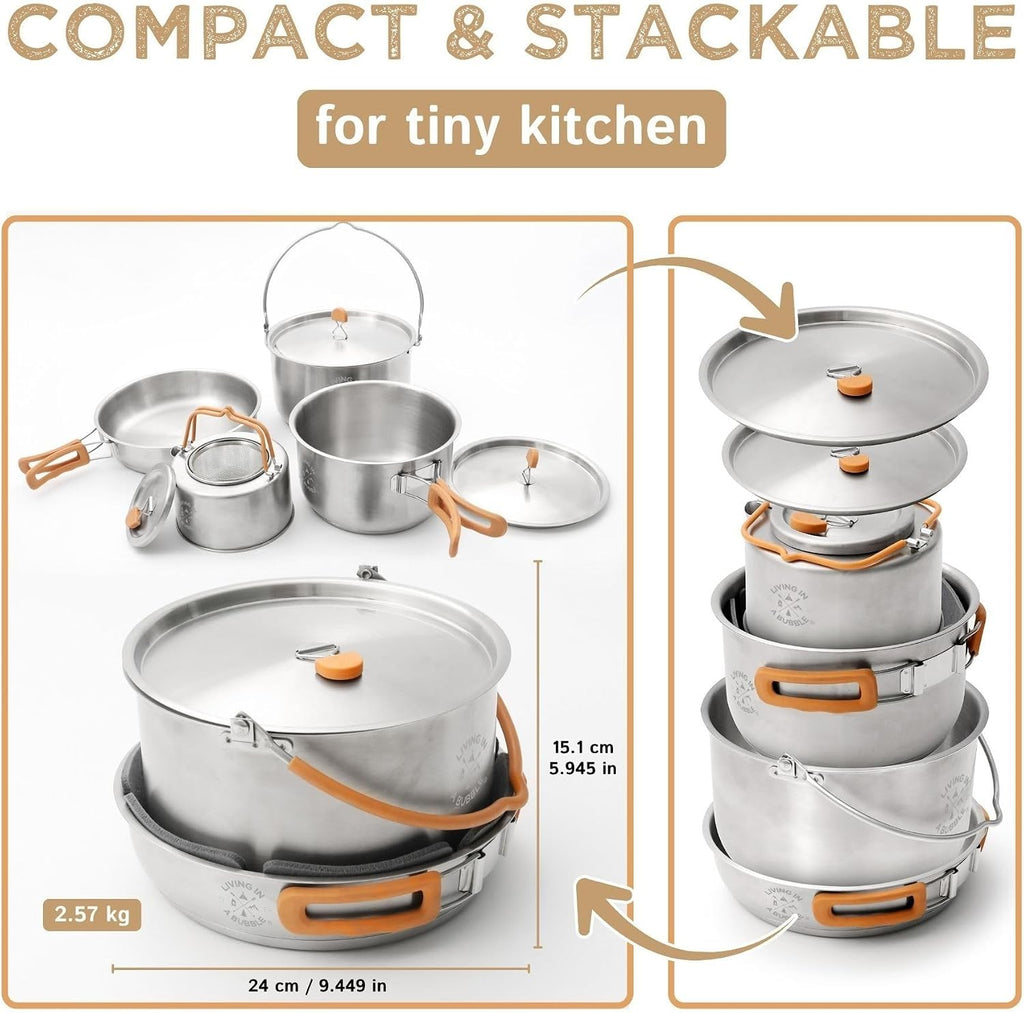 Living in a Bubble Premium 7-Piece Stainless Steel Cooking Set. Tri-layer Bonded Stainless-Steel - Ergonomic Handles with Silicone Sleeve - Compact & Stackable