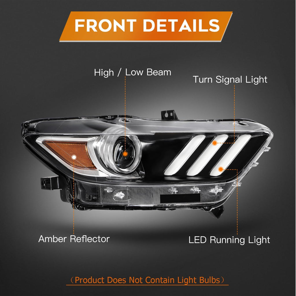 Headlight Fit 2015-2020 for Mustang Black Housing Amber Reflector Right Headlight Assembly FR3Z13008K