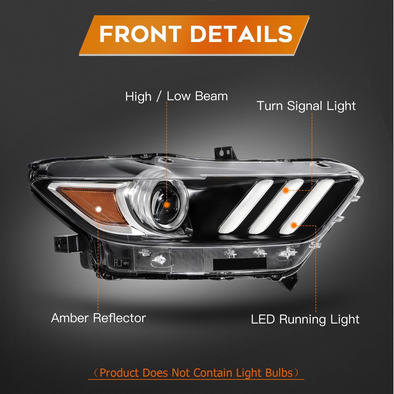 Headlight Fit 2015-2020 for Mustang Black Housing Amber Reflector Right Headlight Assembly FR3Z13008K