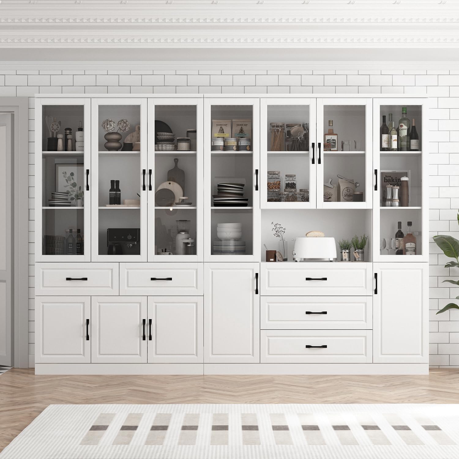 Tall Bookshelf with Glass Doors & Drawers, Large Storage Cabinet Home Office Bookcase with Doors & Shelves, Glass Display Cabinet for Living Room, White (47.2' W x 15.7' D x 78.9' H)