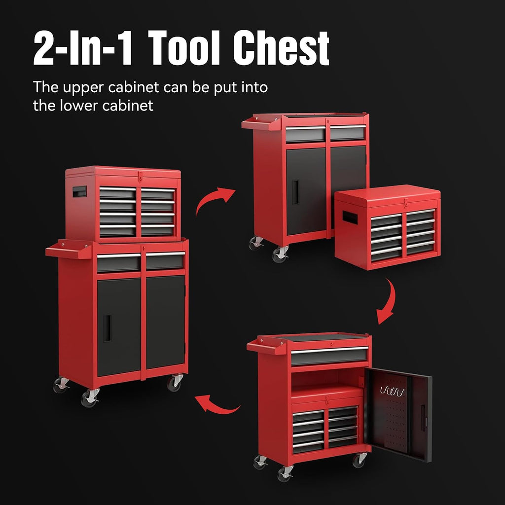 5-Drawers Large Tool Chest Tool Box Organizer with Lockable, 2-In-1 Detachable Tool Storage Cabinet with Wheels, Portable Expandable Tool Cart Toolbox with Drawers for Garage, Workstation, Workshop
