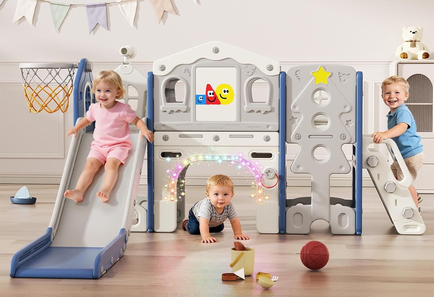BIERUM 10 in 1 Toddler Slide Set - Baby Slide for Toddlers 1-3 with Colorful Lights, Drawing Board and Building Blocks Board, Indoor Outdoor Toddler Playset Playground, Blue Gray