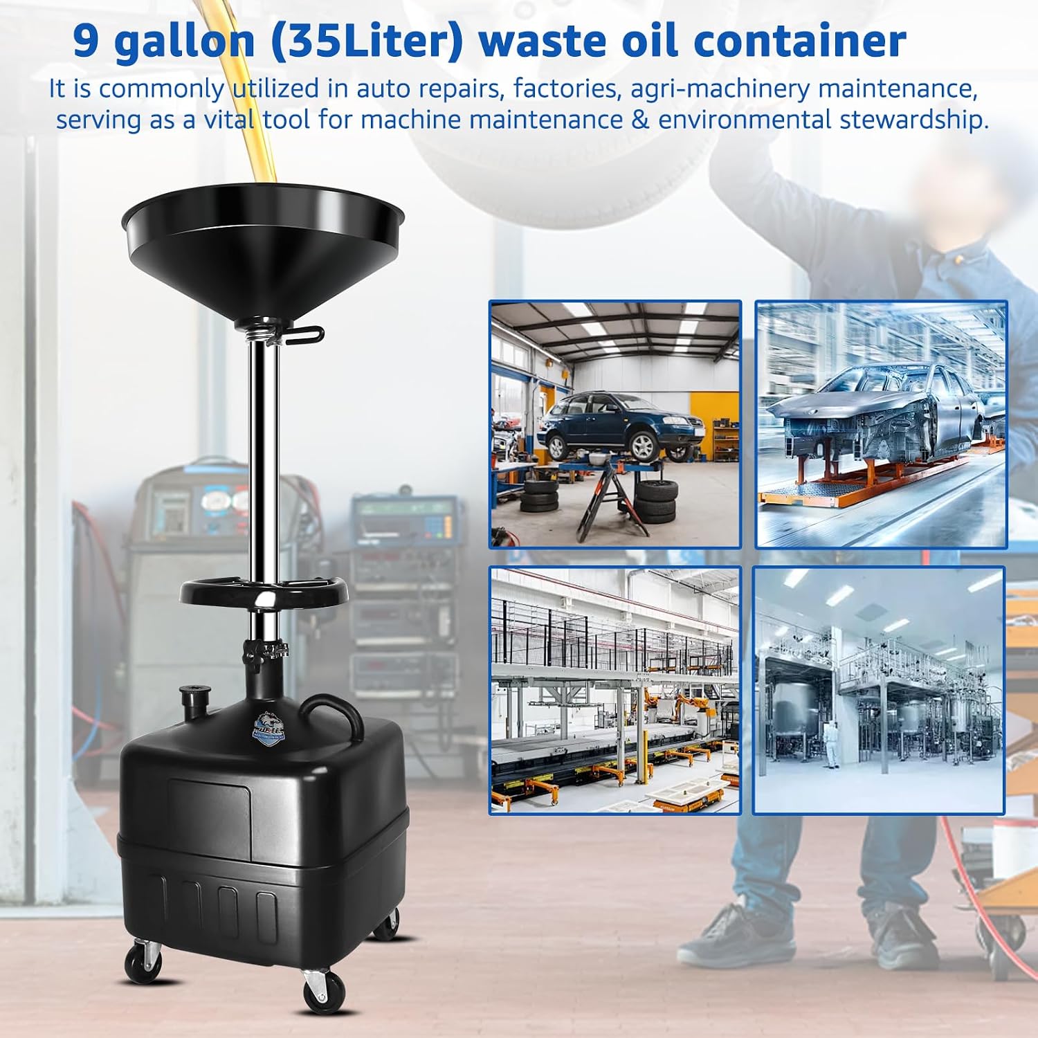 HKTE 9-Gallon Waste Oil Drainer, Adjustable Height (27'–68') with Spring Clamp, 17' Funnel, Mobile Oil Drain Pan with Heavy-Duty Casters, Tool Tray, Oil Filtration Screen, for Cars, Trucks, SUVs