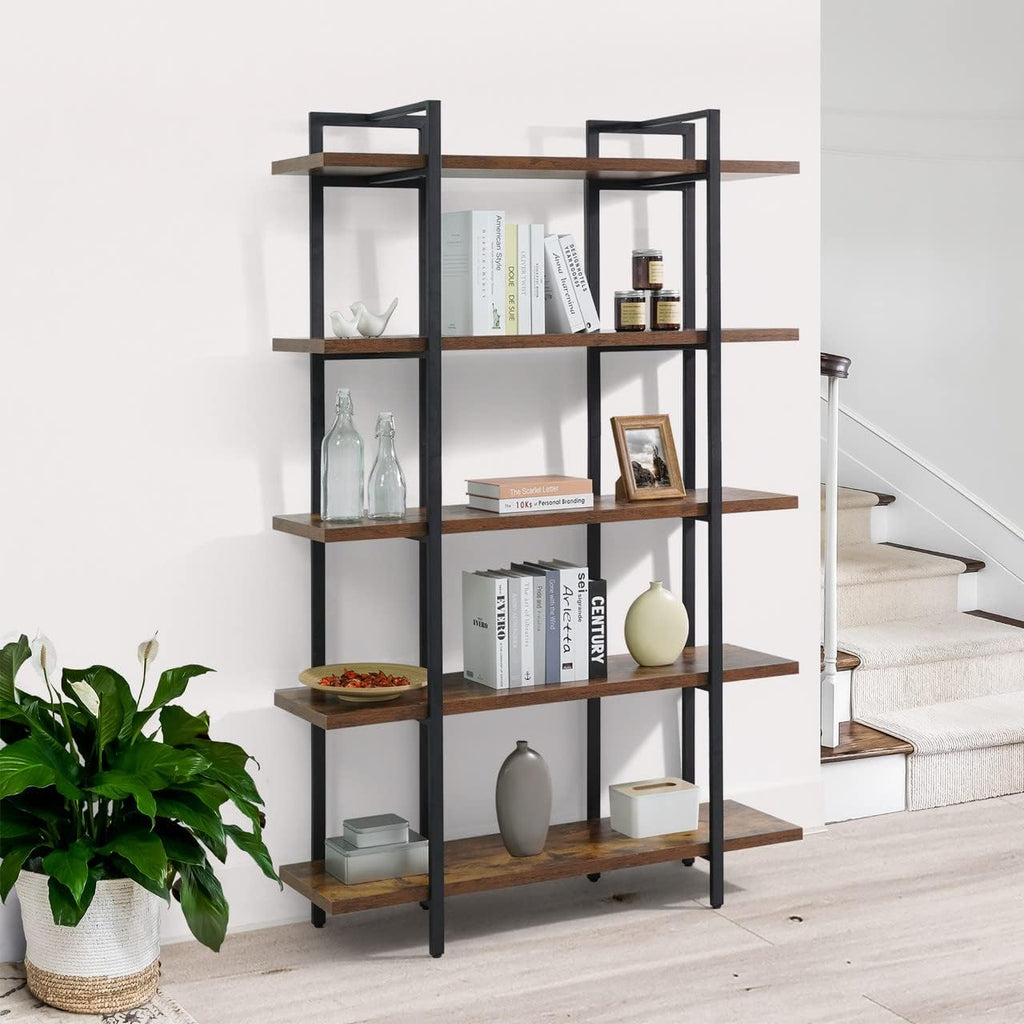 CAPHAUS 5-Tier Book Shelf, 71' H Vintage Industrial Bookcase with Open Display Shelving, Wooden and Metal Shelving Unit, Bookshelves and Bookcases, Stand Shelf for Bedroom, Home Office, Rustic Oak