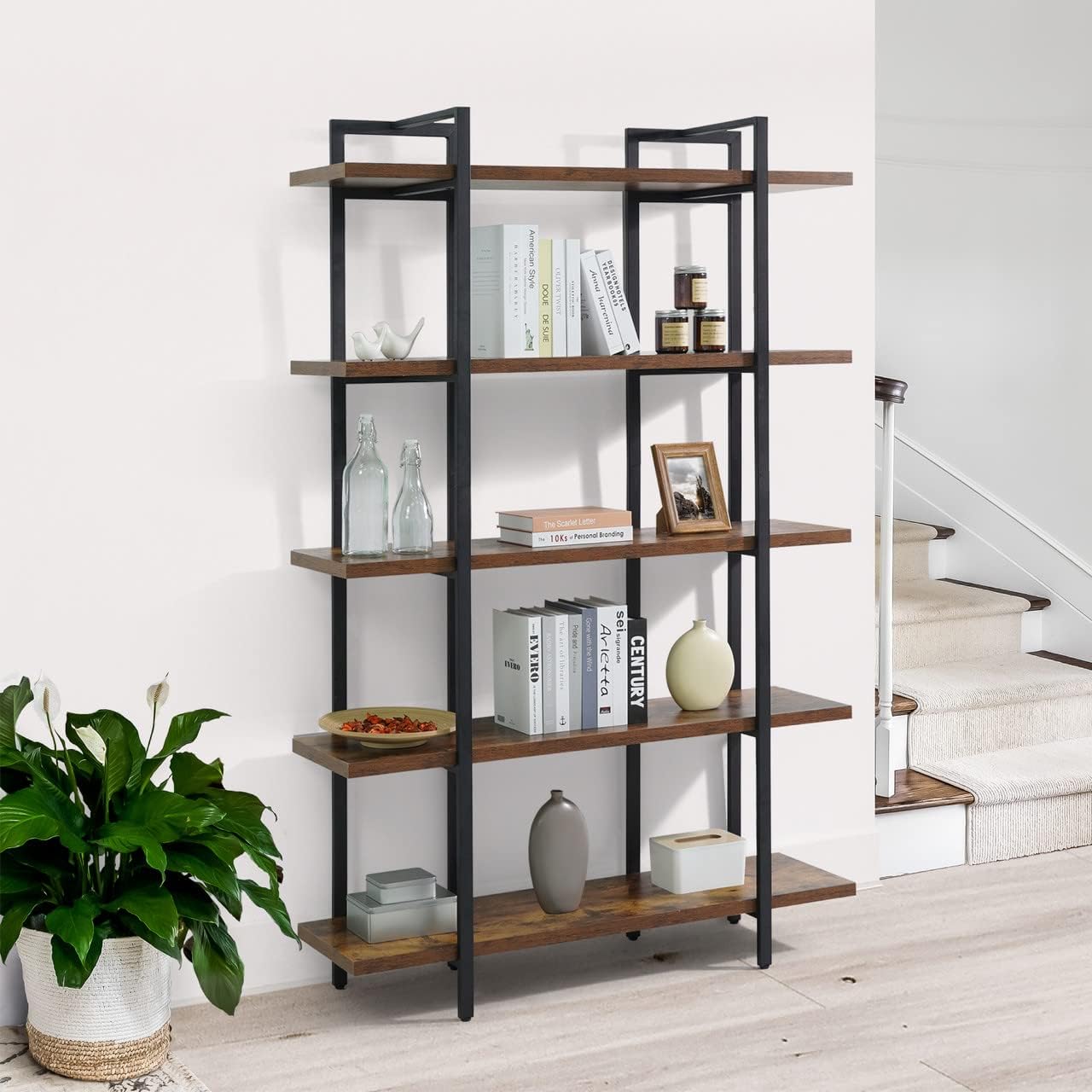 CAPHAUS 5-Tier Book Shelf, 71' H Vintage Industrial Bookcase with Open Display Shelving, Wooden and Metal Shelving Unit, Bookshelves and Bookcases, Stand Shelf for Bedroom, Home Office, Rustic Oak
