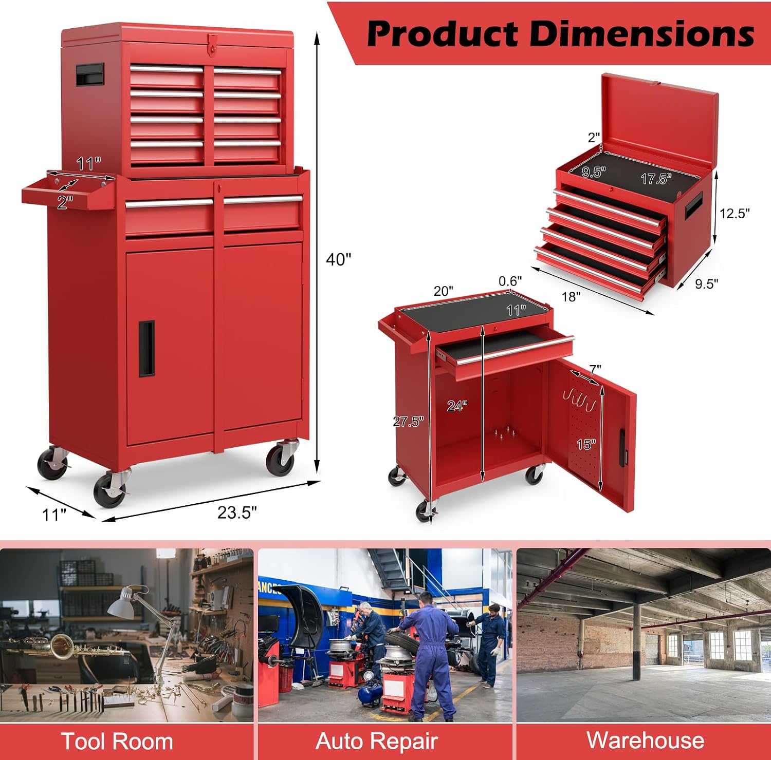 S AFSTAR 5-Drawer Rolling Tool Chest, High Capacity Tool Storage Cabinet with Lockable Wheels, Adjustable Shelf & Anti-Slip Liner, Detachable Tool Box Organizer Tool Cabinet for Garage Workshop (Red)