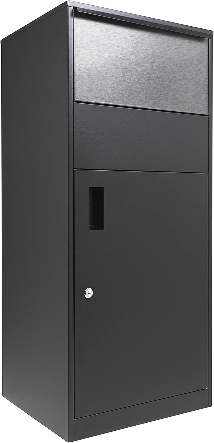 Winbest Large Steel Freestanding Floor Parcel Package Drop Box with Locking Letterbox and Multi Compartments, Black