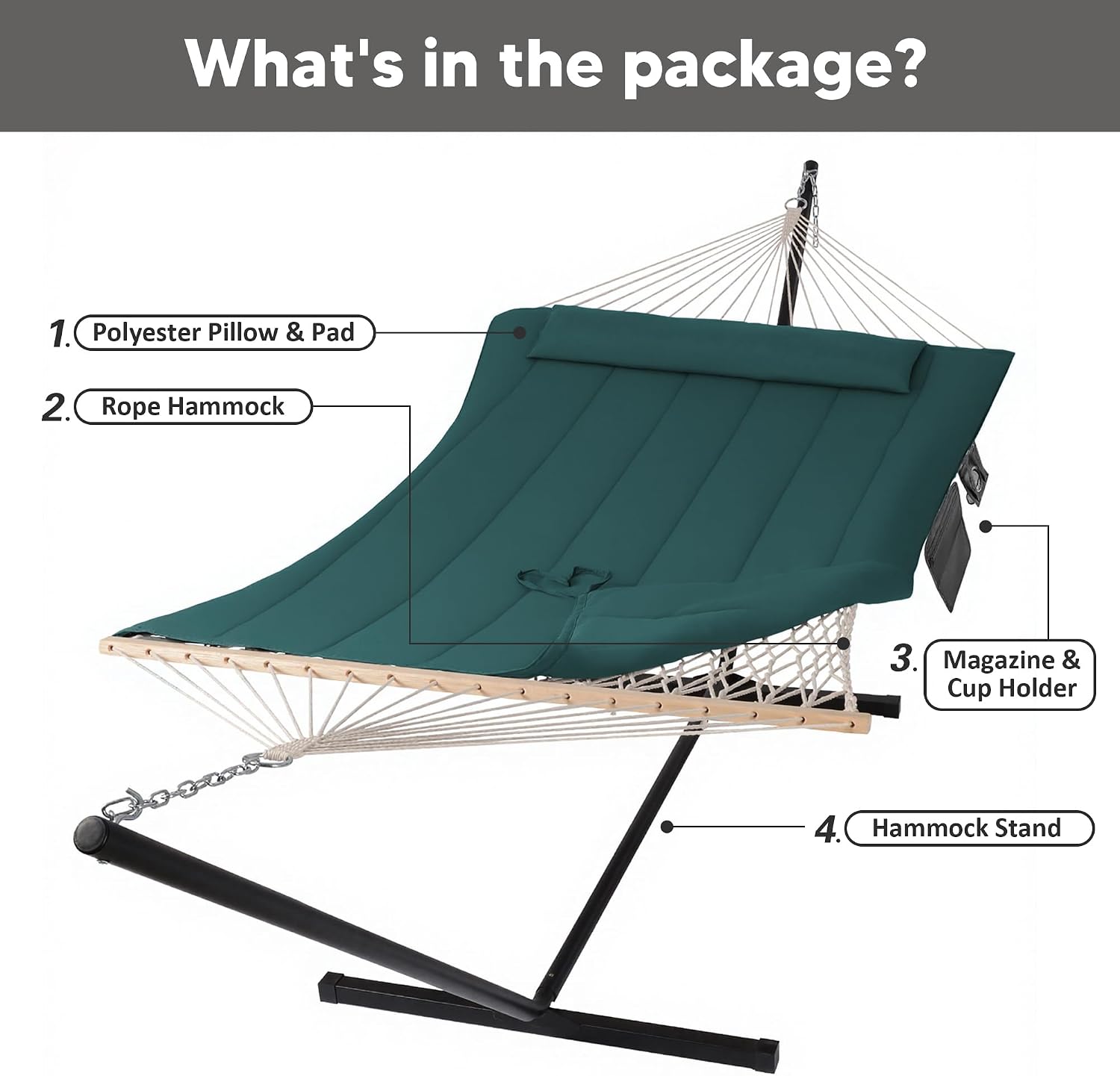 SUNCREAT Hammocks Two Person Hammock with 12ft Stand Included, Max 475lbs Capacity, Heavy Duty Free Standing Hammock, Dark Green