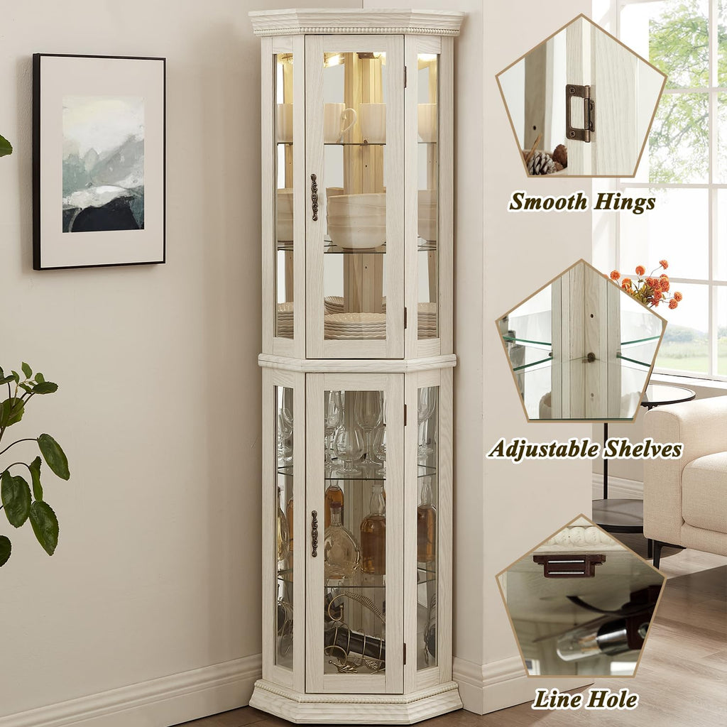 69'H Lighted Corner Display Cabinet, 6-Tier Wooden Curio Glass Cabinet with Adjustable Shelves & Glass Door, Corner Storage Display Case with Mirrored Back Pane for Living Room (Antique White)