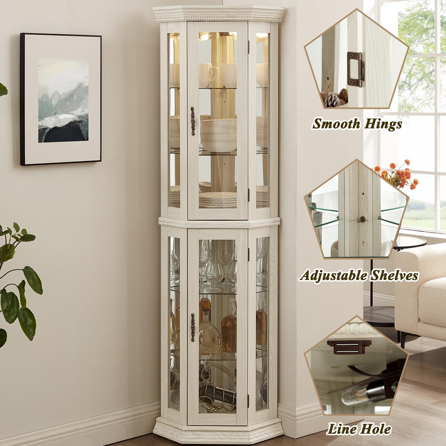 69'H Lighted Corner Display Cabinet, 6-Tier Wooden Curio Glass Cabinet with Adjustable Shelves & Glass Door, Corner Storage Display Case with Mirrored Back Pane for Living Room (Antique White)
