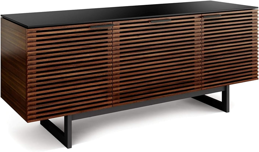 BDI Furniture Corridor 8177-65'' TV Stand for TVs up to 70' with Soundbar Shelf, Storage Drawer, Cable Management, Remote-Friendly Louver Doors, Satin-Etched Glass Top, Chocolate Stained Walnut