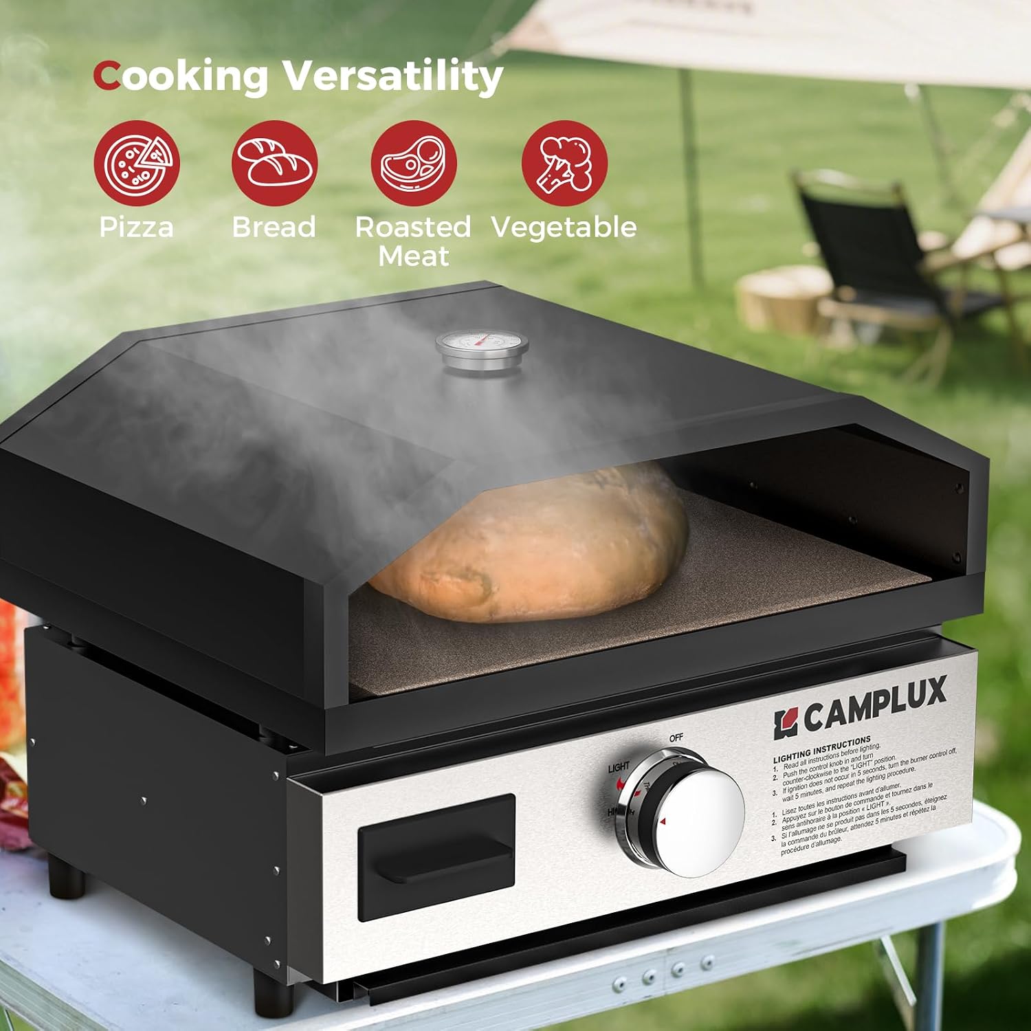 CAMPLUX 17 Inches Pizza Oven for Grill with Storage Bag and 14.8'×13' Cordierite Stone, Grill Top Pizza Oven Built-in Thermometer, Compatible with Propane & Charcoal Grill for Crispy Homemade Pizza
