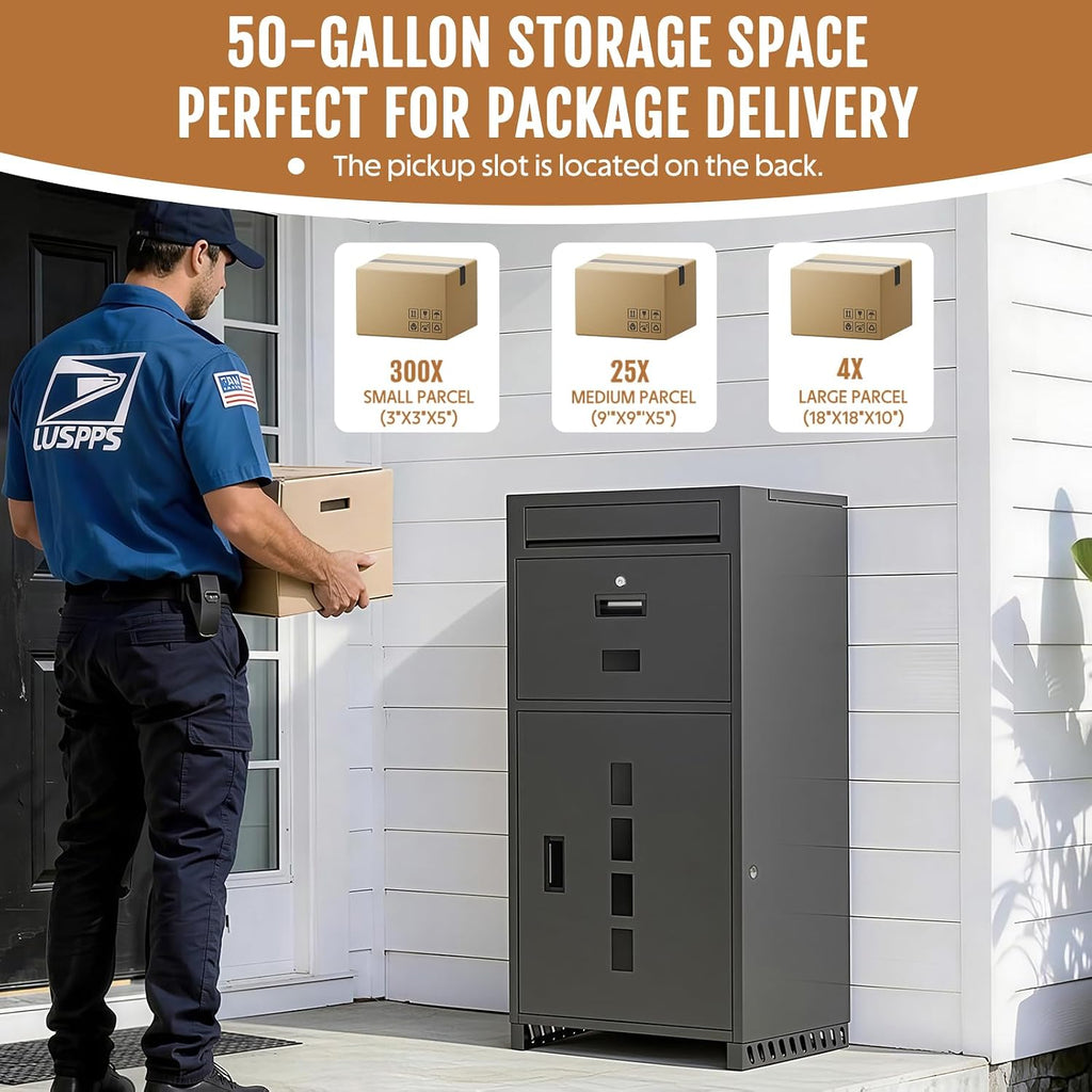 KAER Package Delivery Box for Outside with Visual Windows, 40.6' Large Parcel Drop Box with Raised Metal Feet (Keep Packages Dry), Anti-Theft Waterproof Grey Outdoor Lock Box for Porch, Yard, Home