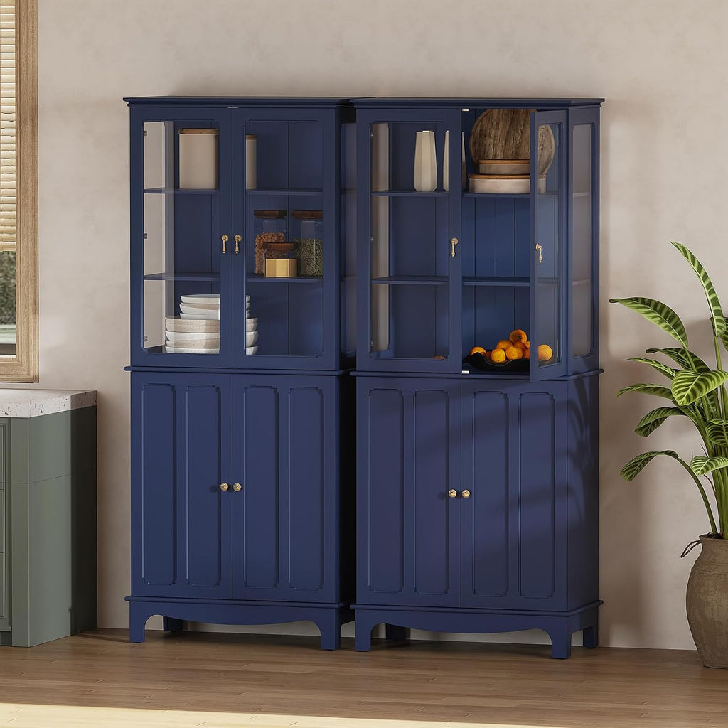 ARTPOWER 72' Freestanding Kitchen Pantry Storage Sideboard, Classical Tall Cabinet with Glass Door and Adjustable Shelves for Kitchen, Livingroom and Dining Room, Navy Blue