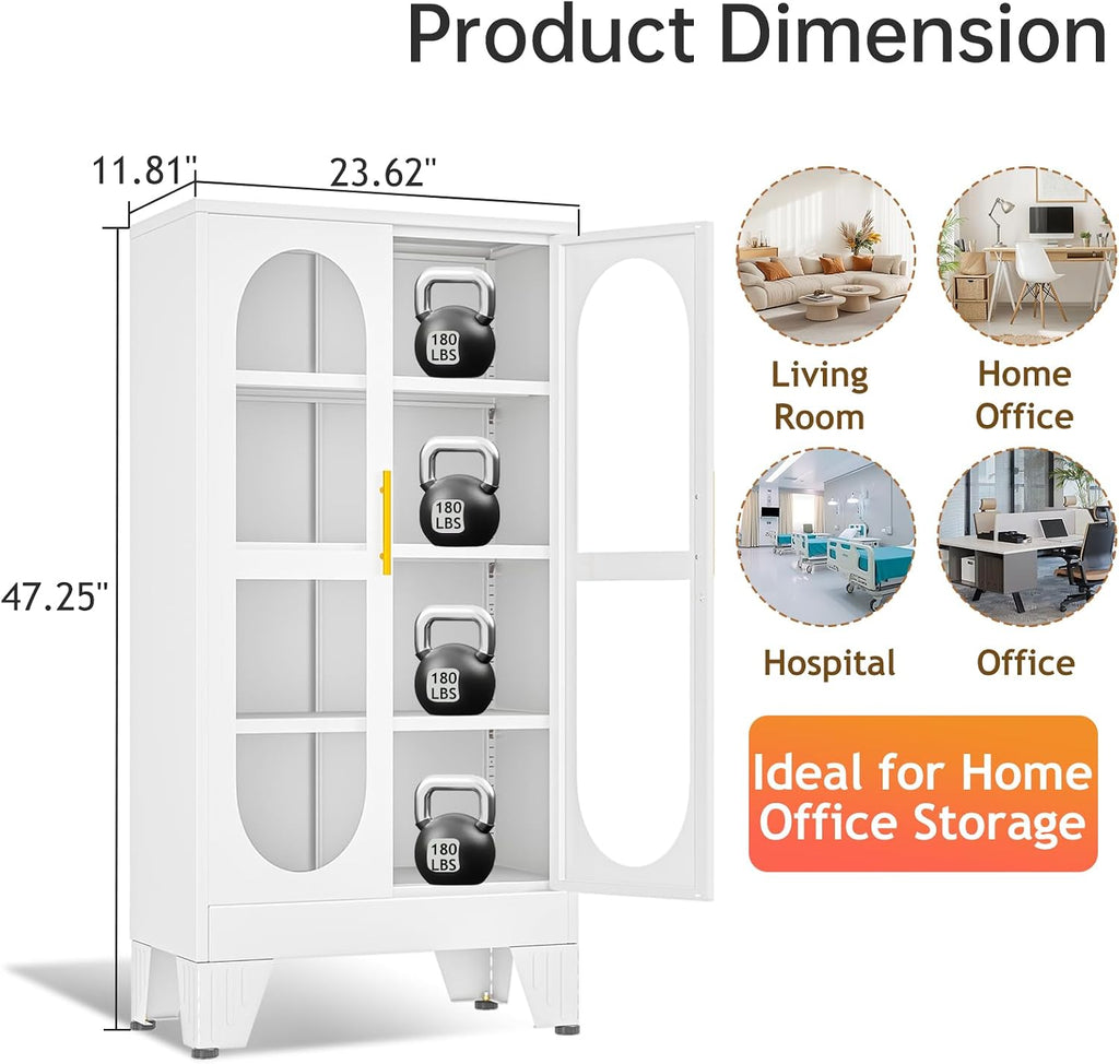 47'H Metal Display Cabinet with Glass Door and Lock, Tall Storage Cabinet with 3 Adjustable Shelves, 4 Tier Liquor Cabinet Metal Curio Cabinet Multi-Purpose Display Case for Collectibles Living Room