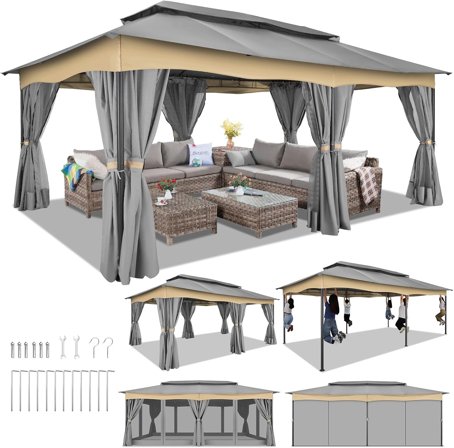 COBIZI 12x20 Gazebo Outdoor Gazebo, Patio Gazebo Canopy Shelter with Curtains and Nettings, Outdoor Canopy with Metal Steel Frame Suitable for Lawn, Garden, Backyard & Deck,Gray