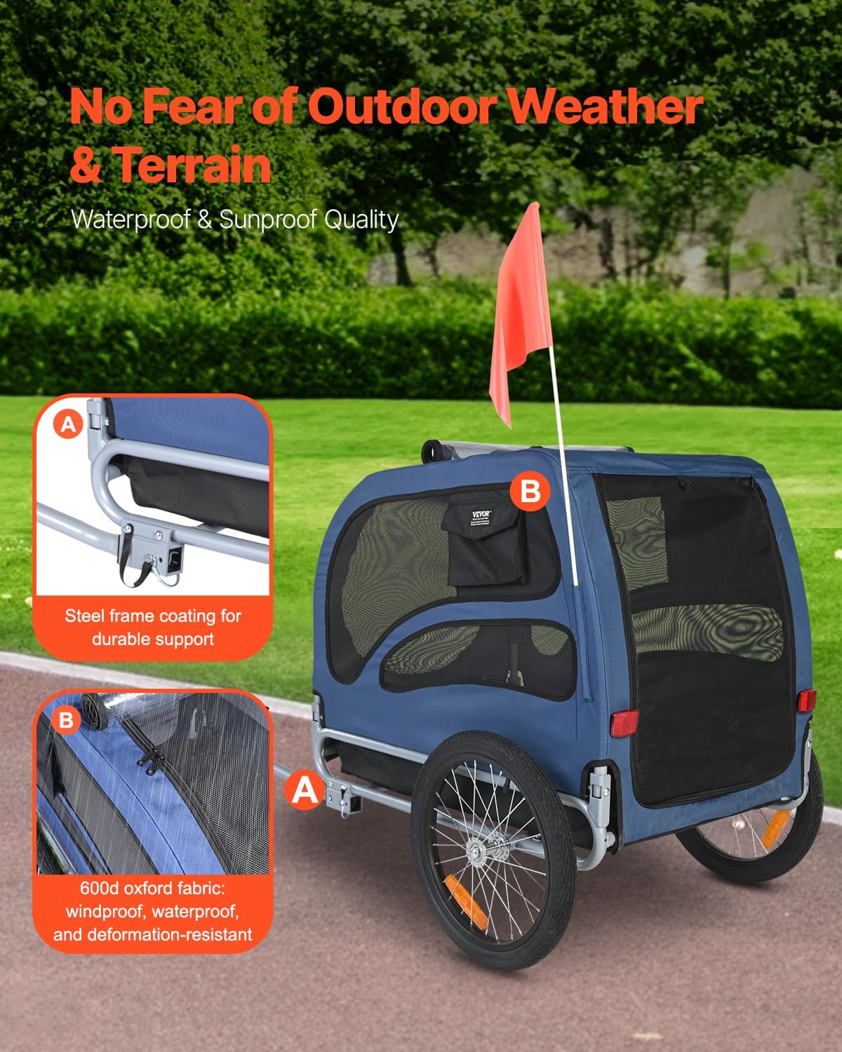VEVOR Dog Bike Trailer, Supports up to 100 lbs, Pet Cart Bicycle Carrier, Easy Folding Frame with Quick Release Wheels, Universal Bicycle Coupler, Reflectors, Flag, Collapsible to Store