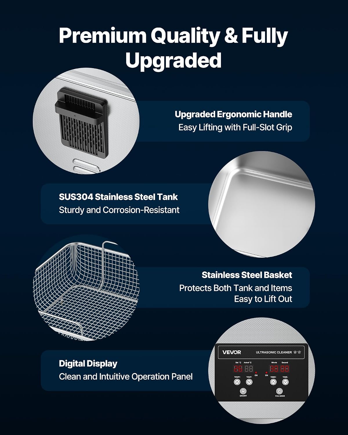 VEVOR 15L Ultrasonic Cleaner, Professional Ultrasonic Cleaner Machine with Cleaning Basket & Digital Display, 240W Stainless Steel 40kHz Industrial Cleaning Machine for Parts, Carburetors, Instruments