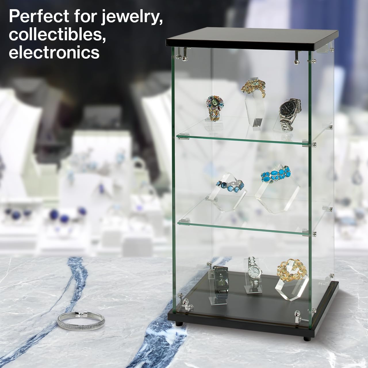 SSWBasics Infinity Countertop Glass Display Case (Ready to Assemble) - 12-1/4'W x 14-1/4'D x 27-1/4'H - Showcase Cabinet Bookcase with Lock, Perfect for Displaying Smaller Items