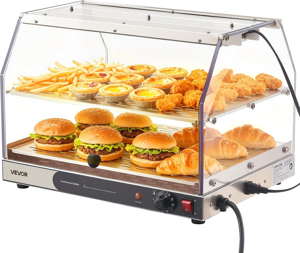 VEVOR 2-Tier Commercial Food Warmer Display, 450W Food Display Warmer with Light, Detachable Shelves and Double-Sided Door Design, 85℉~185℉ Air Heating, 48L for Hamburger, Pizza, Bread, Fried Chicken