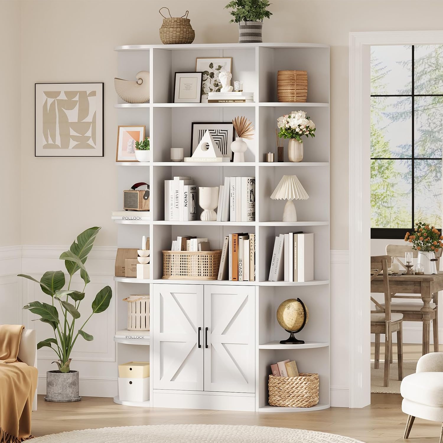 IDEALHOUSE 75in Tall Bookshelf with Storage, 6-Tier 47' Wide Modern Farmhouse Standing Bookcase Cabinet Display Shelf Organizer for Home Office Living Room Bedroom, White