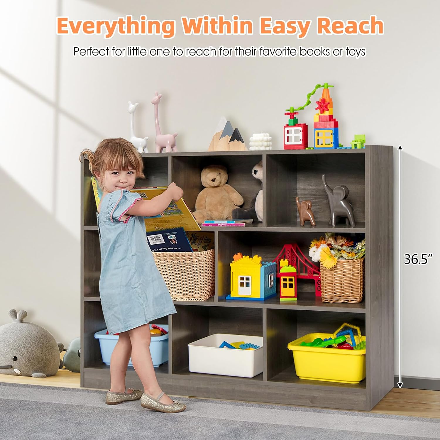HONEY JOY Kids Storage Organizer, 8-Section Open Wooden Display Shelf for Classroom, Playroom, Nursery, Kindergarten, Dark Gray