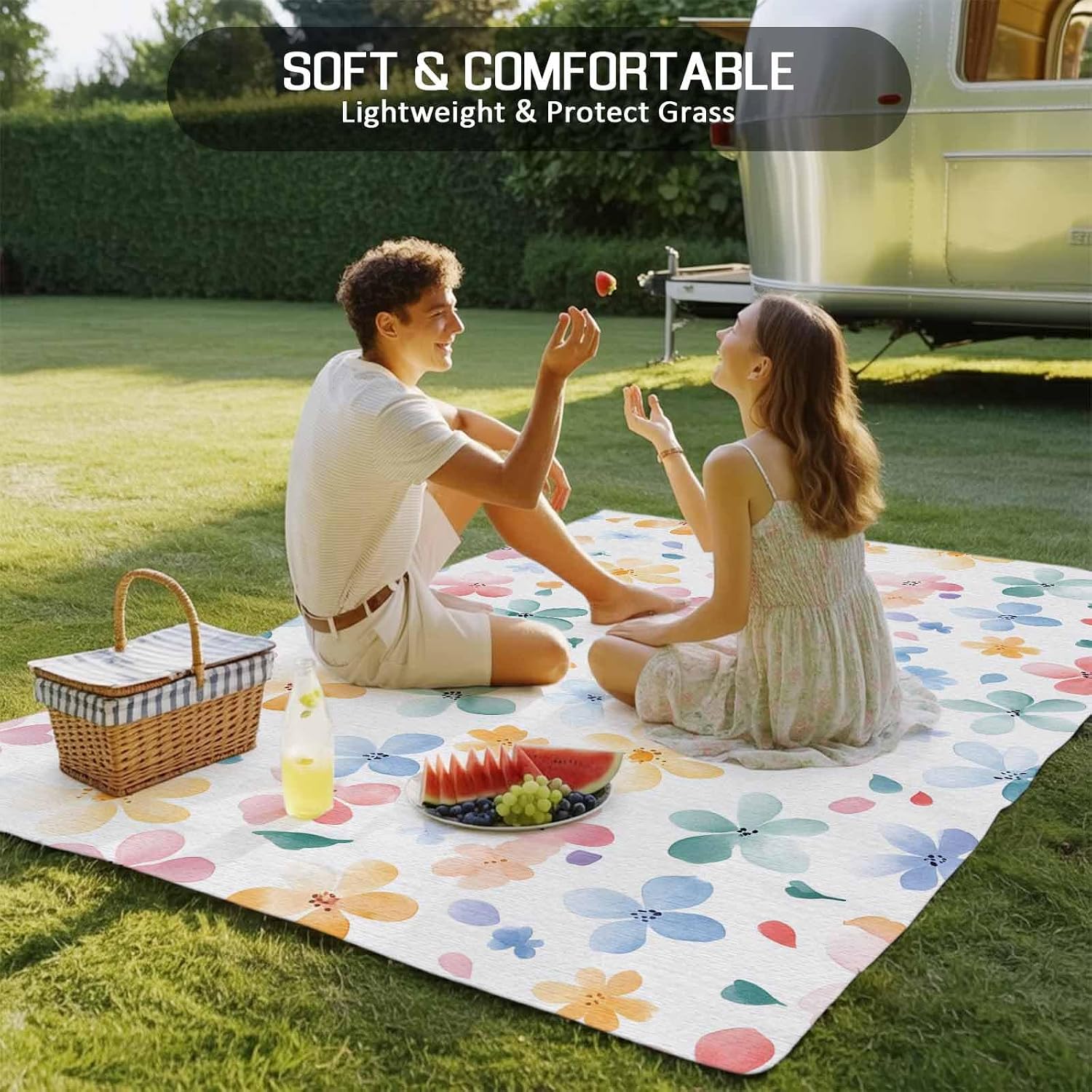 Outdoor Rug 4x6ft Spring Watercolor Pink Blue Flowers Patio Area Rugs Waterproof Easy Cleaning Non Shedding Thick Mats Floral Carpet for Indoor Outdoor Porch Deck Backyard Balcony