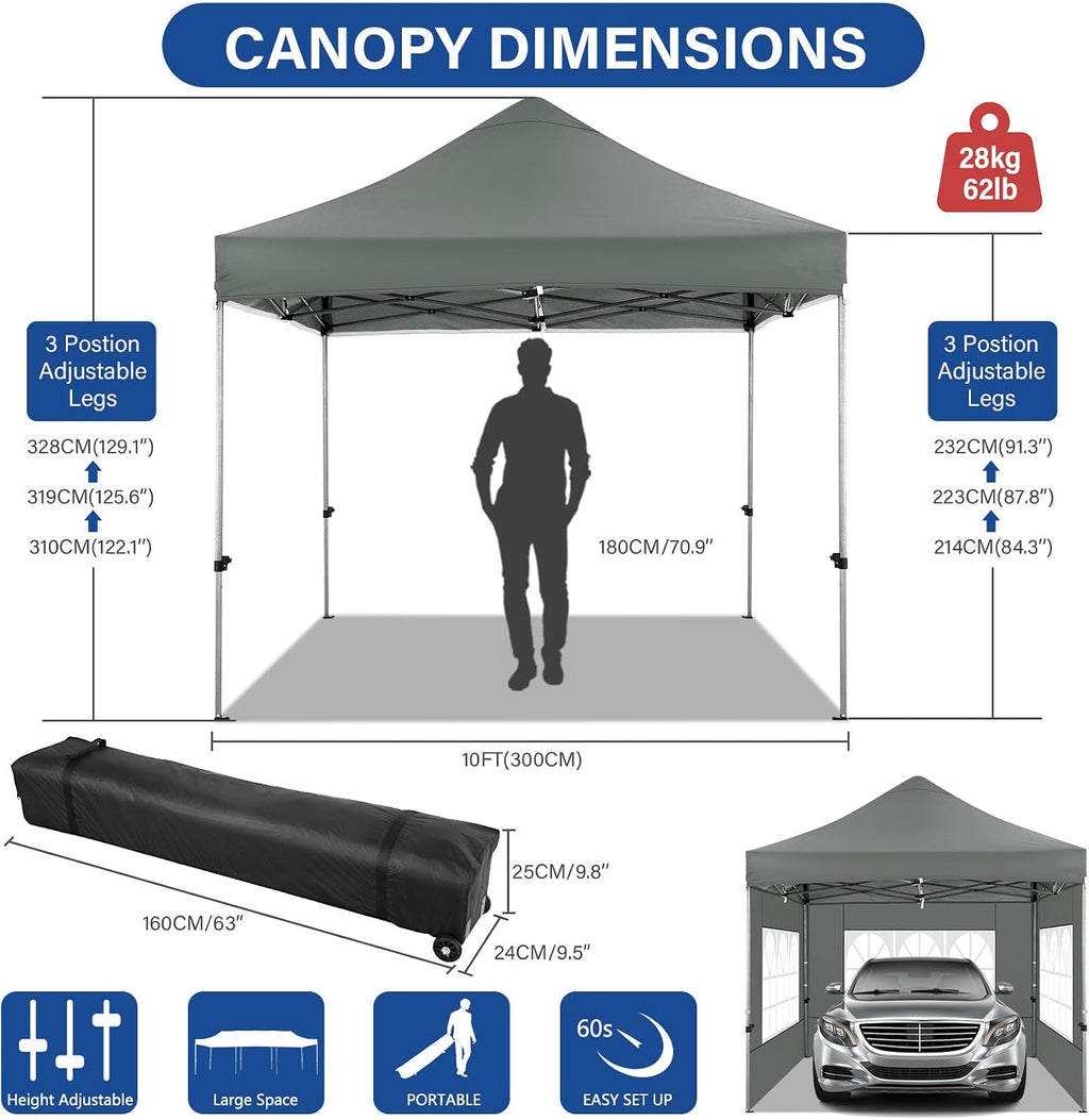 COBIZI Pop up Canopy Tent 10x10 Heavy Duty Gazebo with 4 Sidewalls, UPF 50+ All Weather Waterproof Commercial Outdoor Wedding Party Tents Canopy with Roller Bag, Deep Gray
