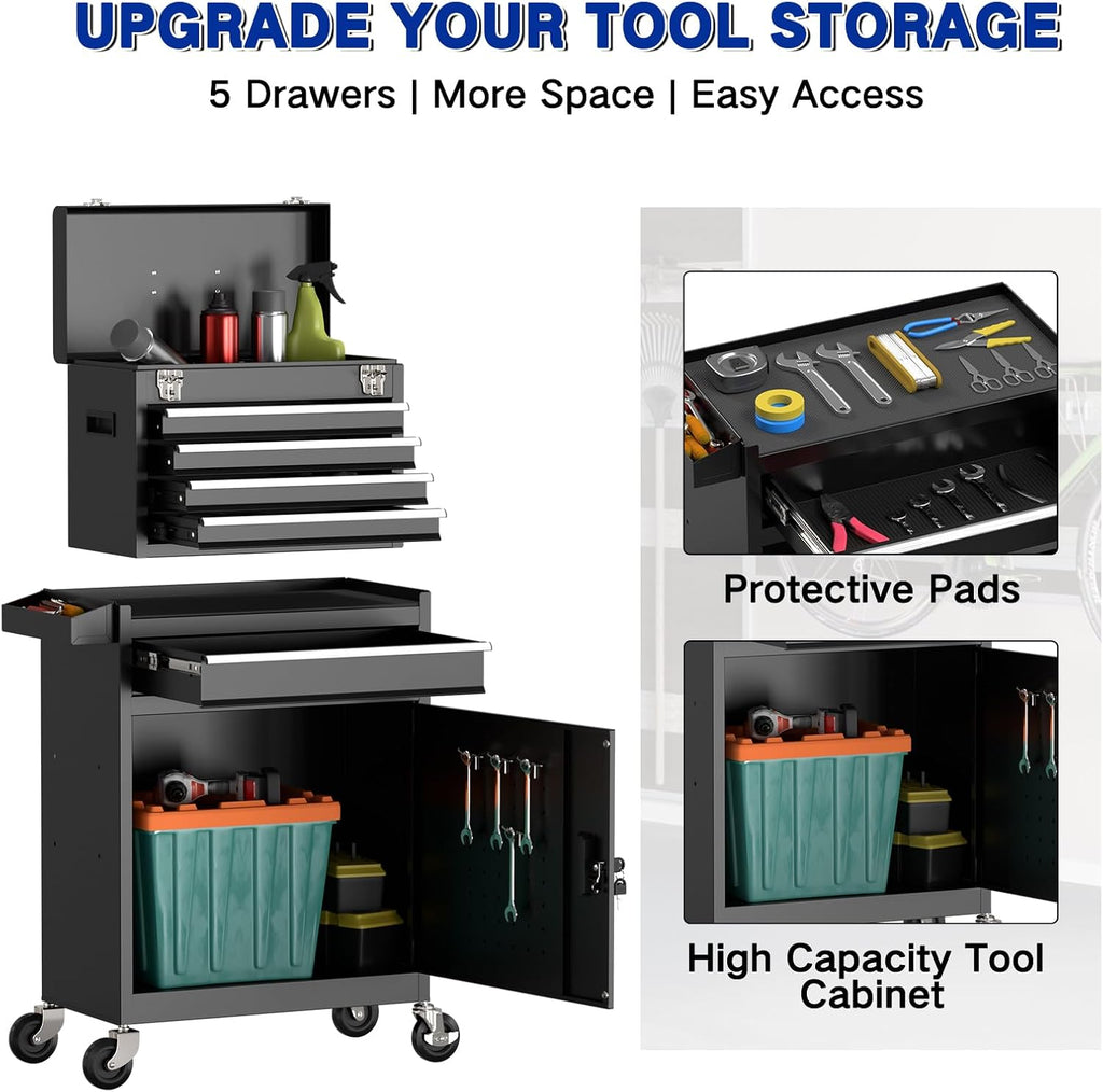 5 Drawer Tools Chest, Tool Cabinet with Universal Lockable Wheels，Tool Box with Detachable Top Box for Workshop(Black)