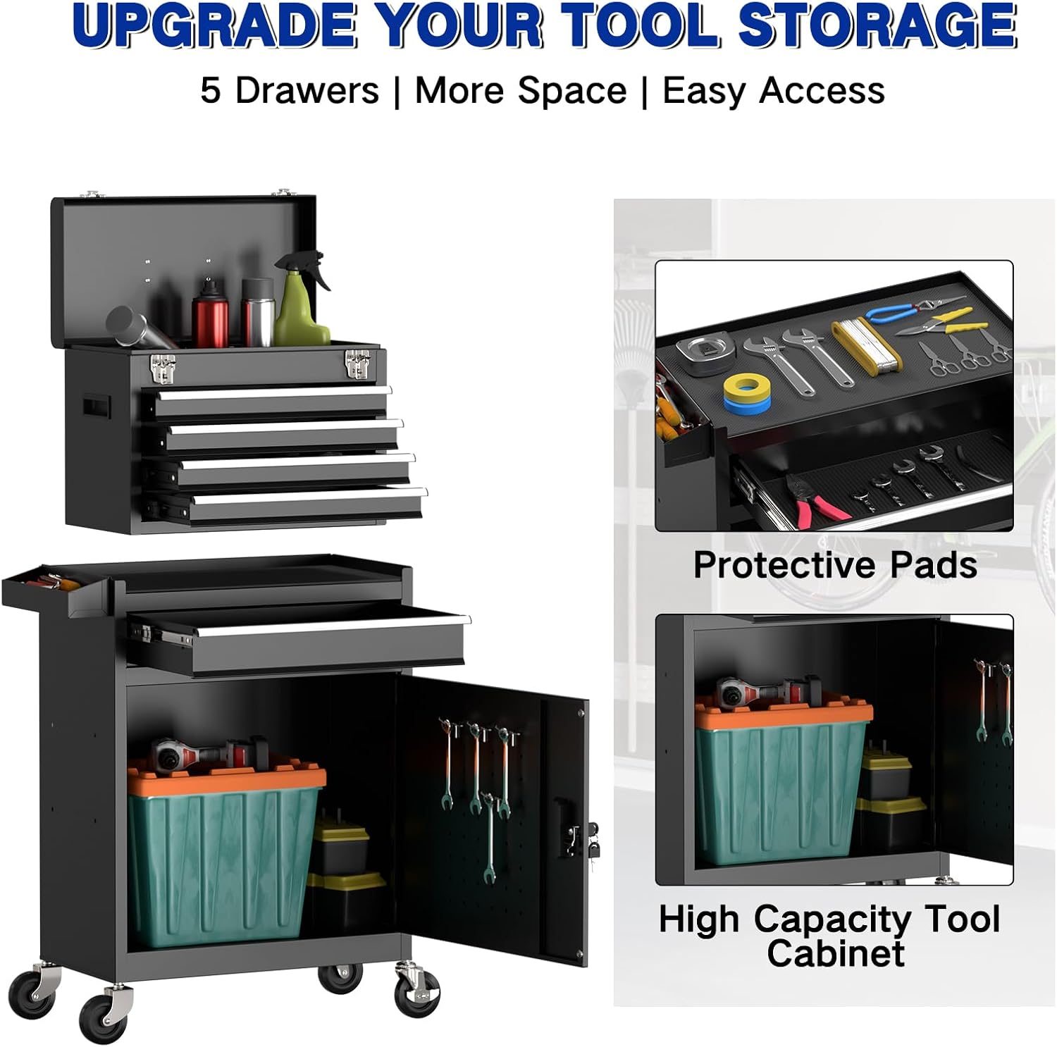 5 Drawer Tools Chest, Tool Cabinet with Universal Lockable Wheels，Tool Box with Detachable Top Box for Workshop(Black)