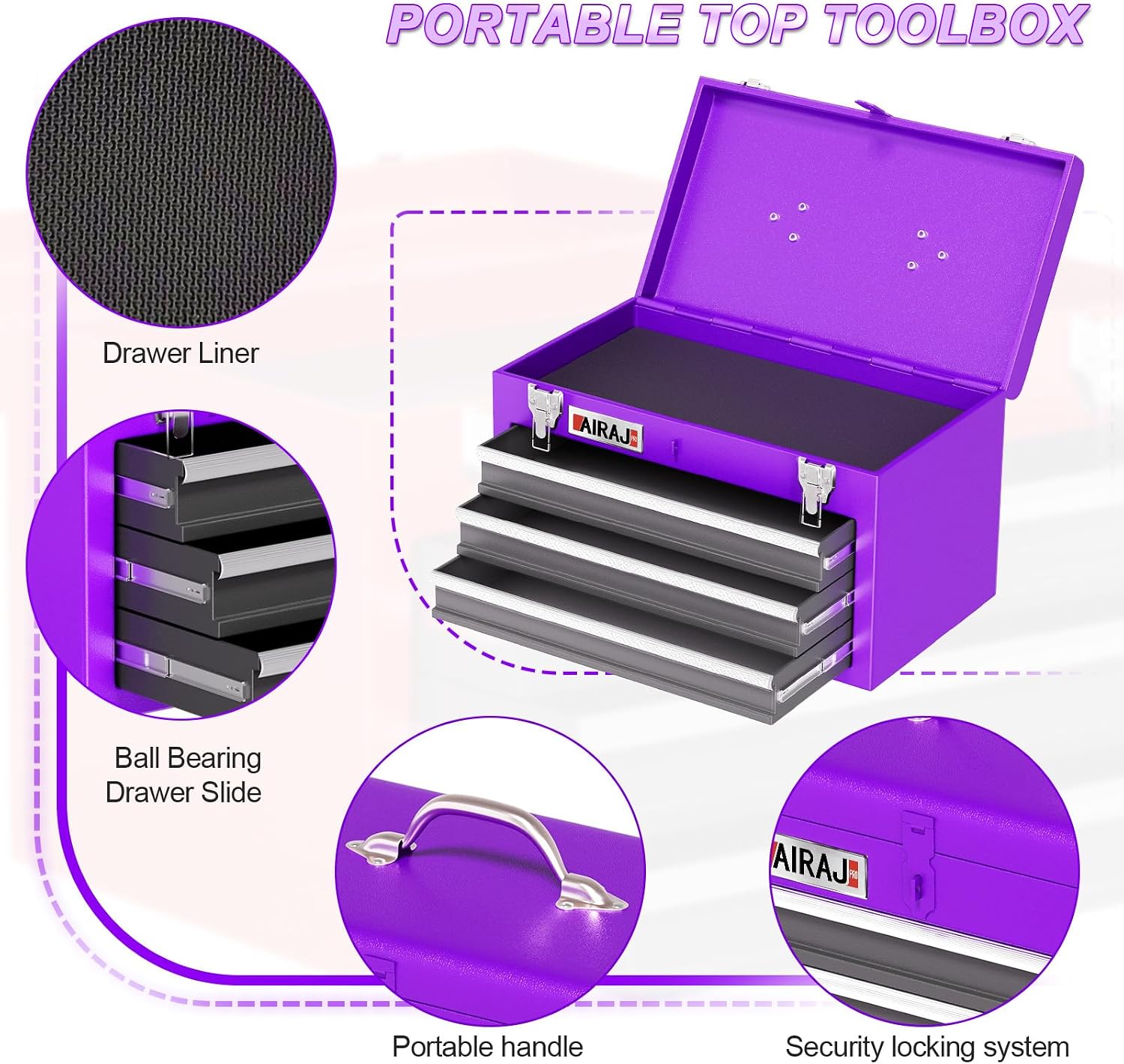 AIRAJ Rolling Tool Chest,4 Drawers Tool Chest with 4 Swivel Casters,Large-Capacity Detachable Tool Cabinet with Lock and Double Doors,Suitable for Work Shops,Warehouse and Garage,Purple