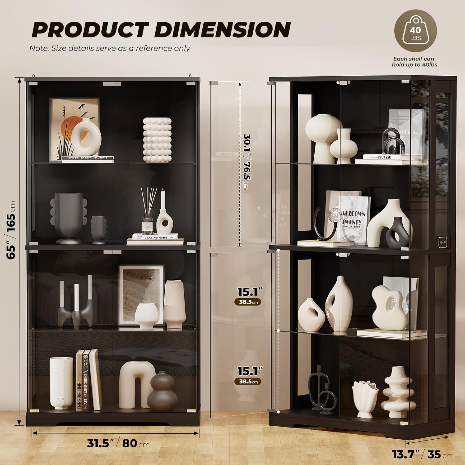 Display Cabinet with Glass Doors, 4-Tier Curio Cabinet with Transparent Full-Display Surface, 65' Glass Display Case with 3 Color Lights for Collectibles, Clear Case with Human Sensor Black