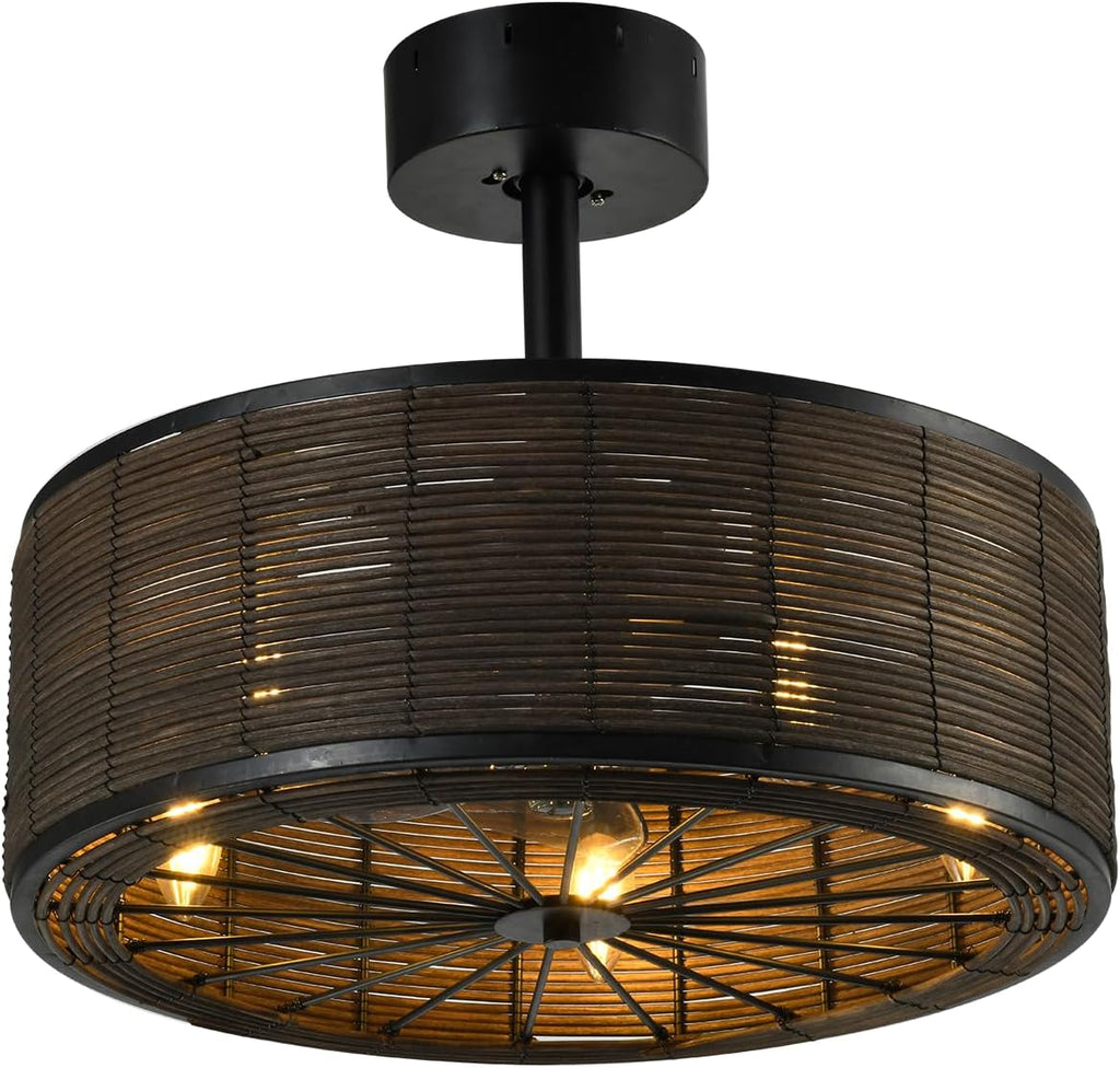 21' Boho Rattan Ceiling Fans with Lights,Flush Mount Caged Ceiling Fan with Remote Indoor,6 Speed, Timing, APP Remote Control,Includes 5 LED Bulbs for Bedroom,Kitchen,Living Room,Farmhouse