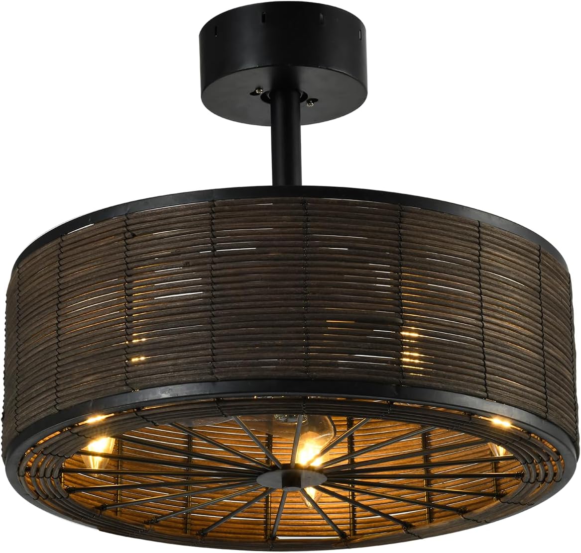 21' Boho Rattan Ceiling Fans with Lights,Flush Mount Caged Ceiling Fan with Remote Indoor,6 Speed, Timing, APP Remote Control,Includes 5 LED Bulbs for Bedroom,Kitchen,Living Room,Farmhouse