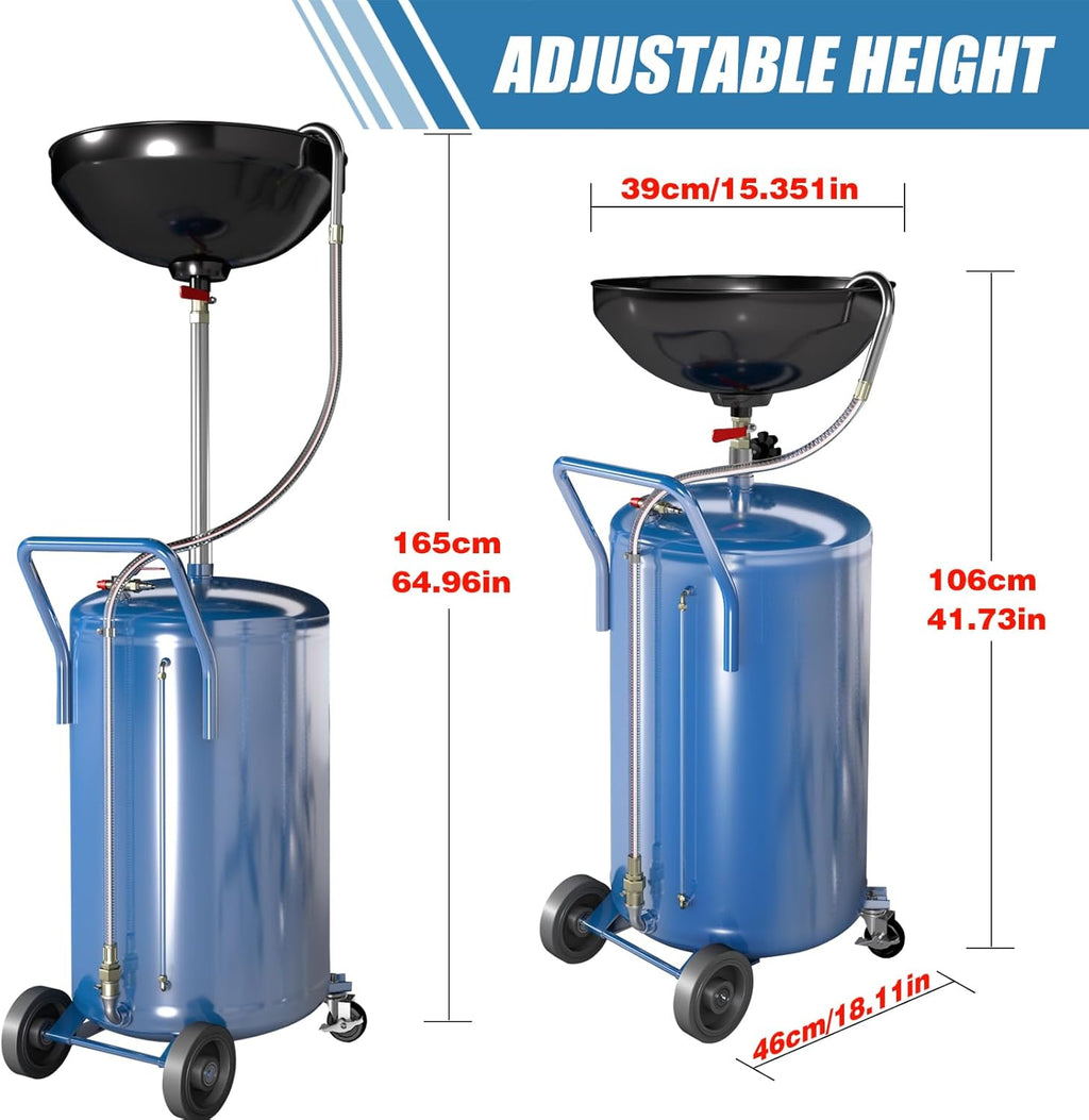 Larbanke 20-Gallon Waste Oil Drain Tank, Air Operated Drainer Oil Change Container with 360 ° Wheels,Oil Drain with Adjustable Funnel Height, Change Container Suitable for Car Repair Shops and Garages