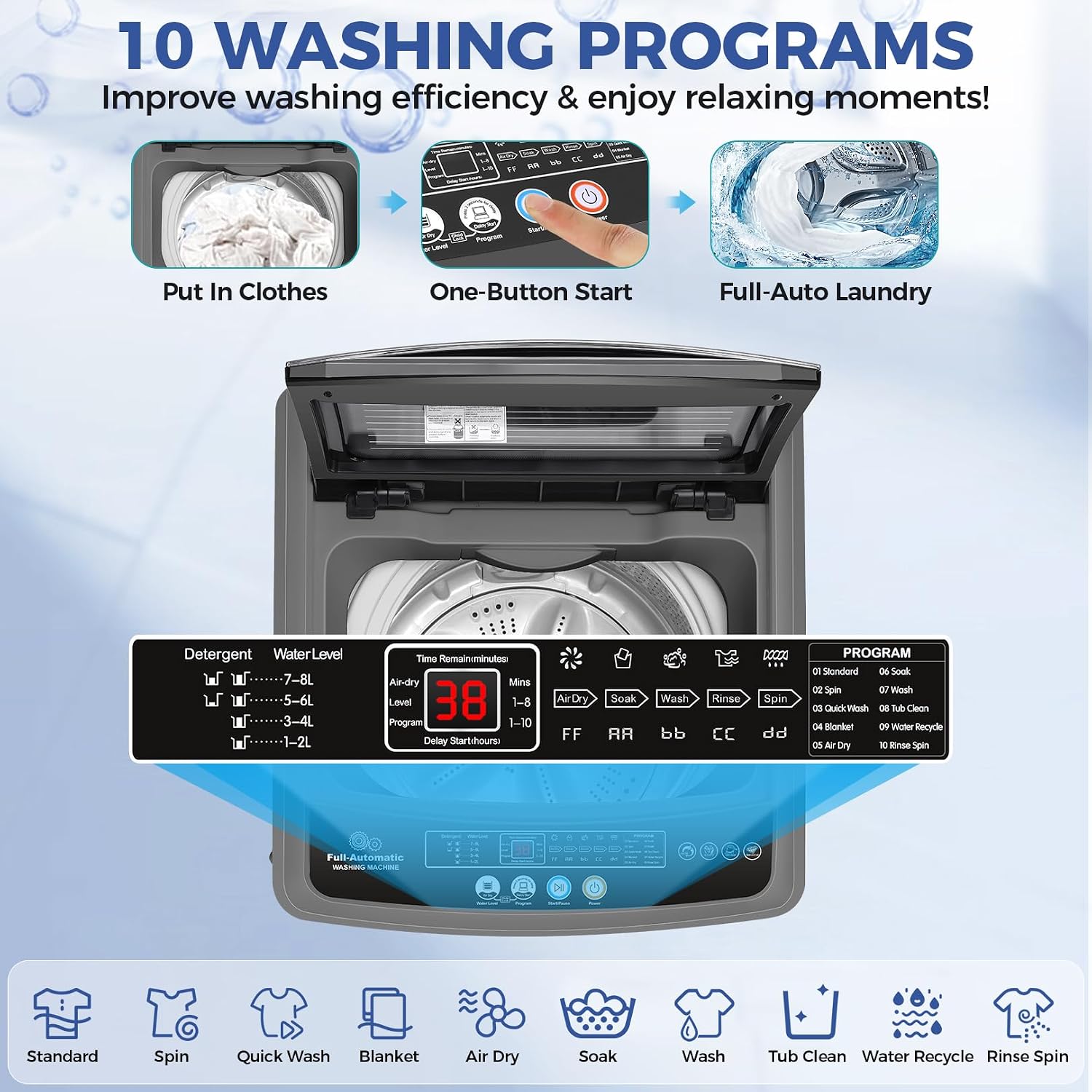 Nictemaw Portable Washing Machine 20Lbs Portable Washer Machine with Drain Pump, 2.8 Cu.ft Washer and Dryer Combo with 10 Programs 8 Water Levels Laundry Machine for Apartments- Slow-Close Glass Cover