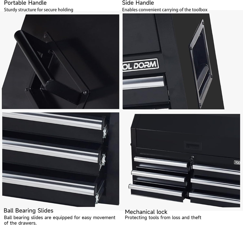 Tool Storage Cabinet, 3-Tier 6-Drawer Metal Tool Cabinet, Carry Handle, Ball Bearing Sliders, Black Powder Coating, Suitable for Garage, Warehouse, Workshop
