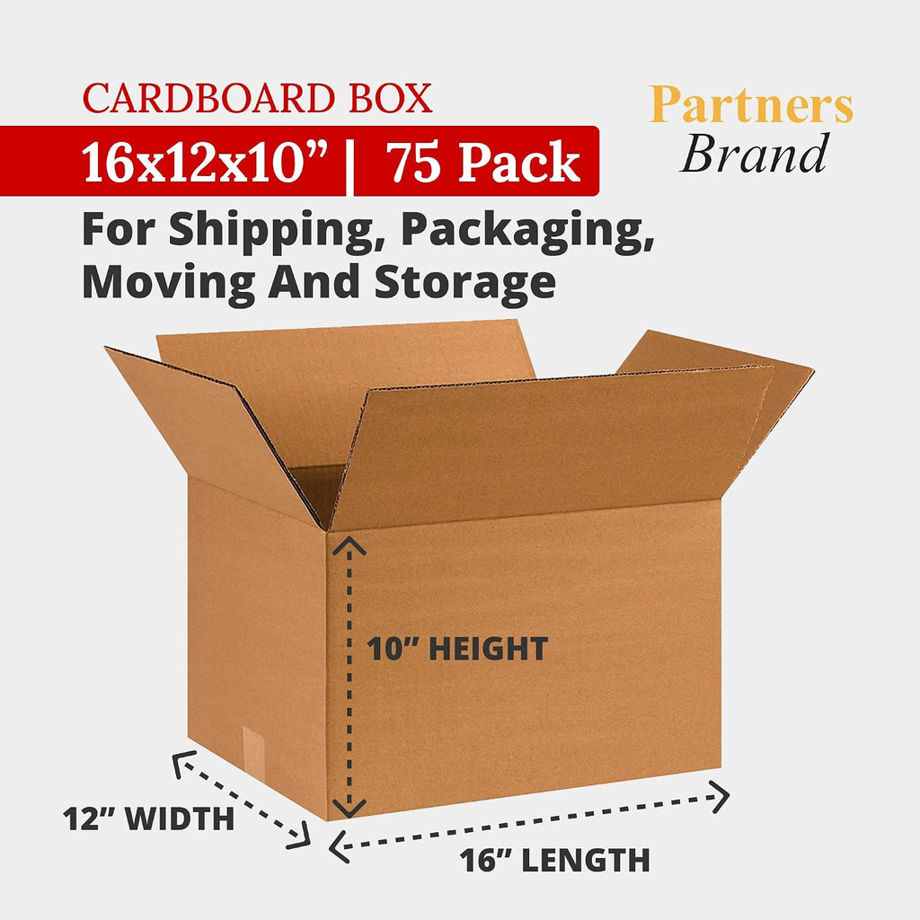 Partners Brand 16x12x10 Corrugated Cardboard Boxes, 16'L x 12'W x 10'H, Pack of 75 | Shipping, Packaging, Moving, Storage Box for Business, Strong Wholesale Bulk Boxes 16x12x10