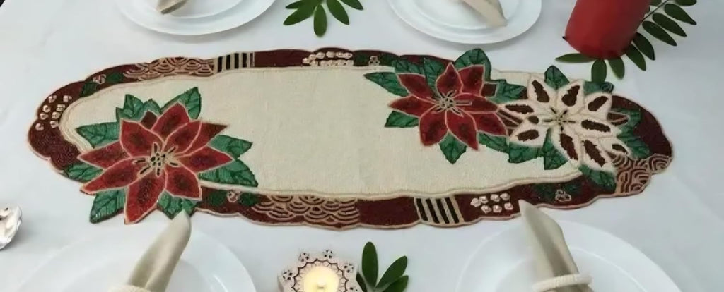 Poinsettia Table Runner, Beaded Design, Christmas Holiday Decor, Cream Brown Red Green