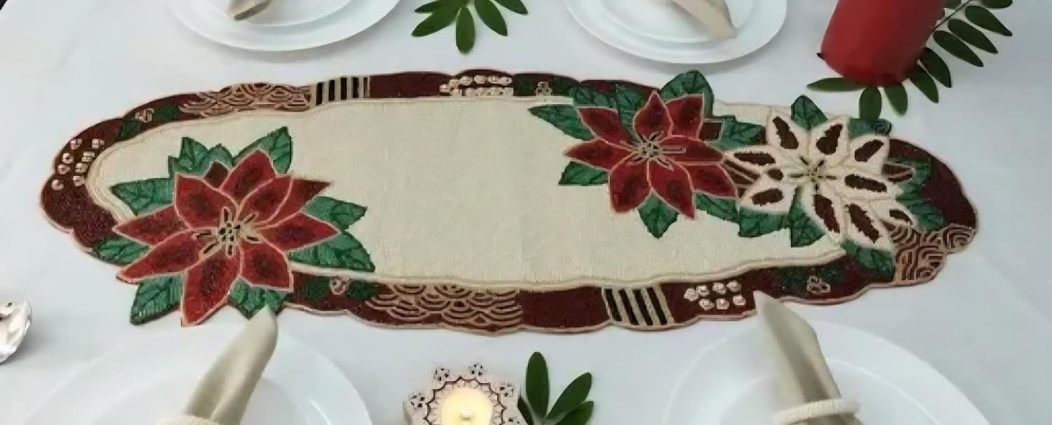 Poinsettia Table Runner, Beaded Design, Christmas Holiday Decor, Cream Brown Red Green