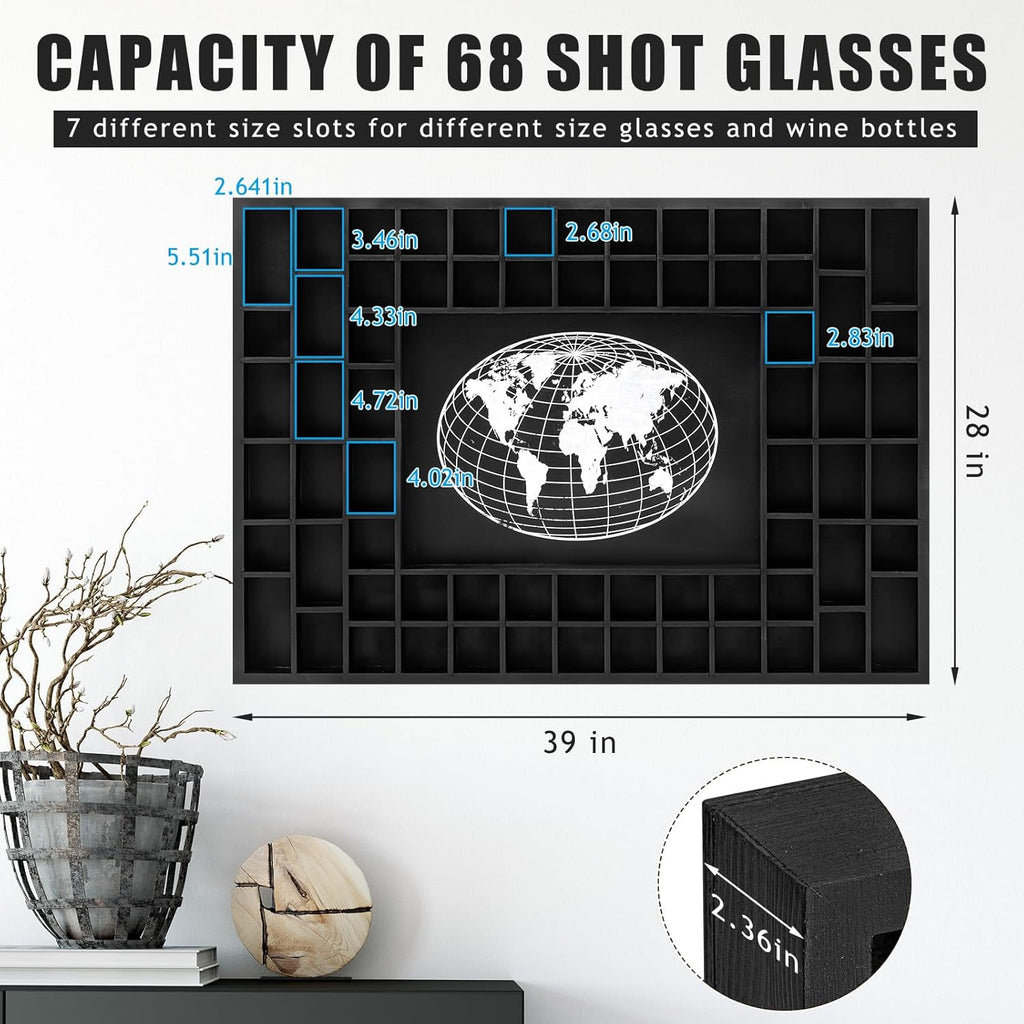 GlikCeil Large World Map 68 Slots Shot Glass Display Case 40 x 28'' Rustic Wood Shot Glass Holder for 7 Sizes Wineglass Bar Shelf Organizer Wall Mount Storage Shadow Cabinet Decor (Black)
