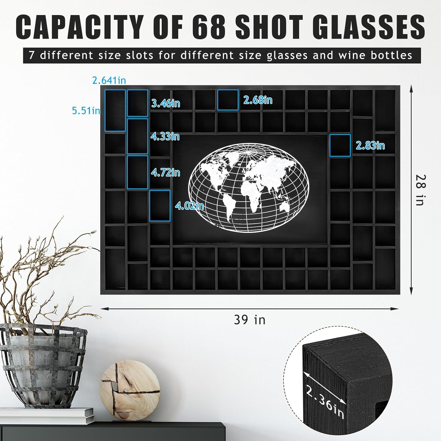 GlikCeil Large World Map 68 Slots Shot Glass Display Case 40 x 28'' Rustic Wood Shot Glass Holder for 7 Sizes Wineglass Bar Shelf Organizer Wall Mount Storage Shadow Cabinet Decor (Black)