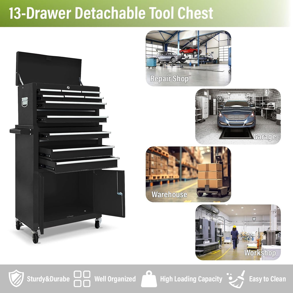 13 Drawers Tool Chest with Wheels, Rolling Tool Box with Drawers, Metal Tool Cabinet for Garage, Workshop(Black)