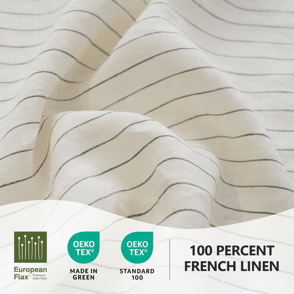 S VICTORY SYMBOL 100% Organic Linen Sheets Set Grey Pinstripe California King,Yarn Dyed French Natural Stone Washed Flax Bedding Set CK 4pcs,Ultra Soft&Breathable
