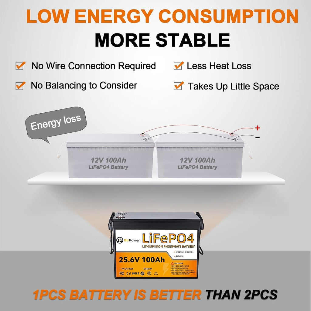2 Pack 24V 100Ah LiFePO4 Battery, Built-in 100A BMS,2560Wh Lithium Battery,4000-15000 Deep Cycles & 10-Year Lifetime, Perfect for Marine, RV, Marine, Trolling Motor, Solar Off-Grid System