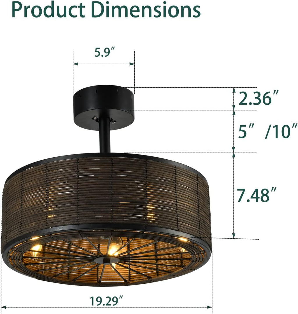 21' Boho Rattan Ceiling Fans with Lights,Flush Mount Caged Ceiling Fan with Remote Indoor,6 Speed, Timing, APP Remote Control,Includes 5 LED Bulbs for Bedroom,Kitchen,Living Room,Farmhouse